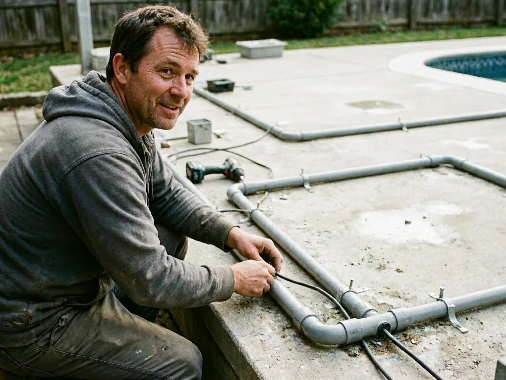A man in a gray hoodie kneels beside pool piping on a concrete patio and works with a cable