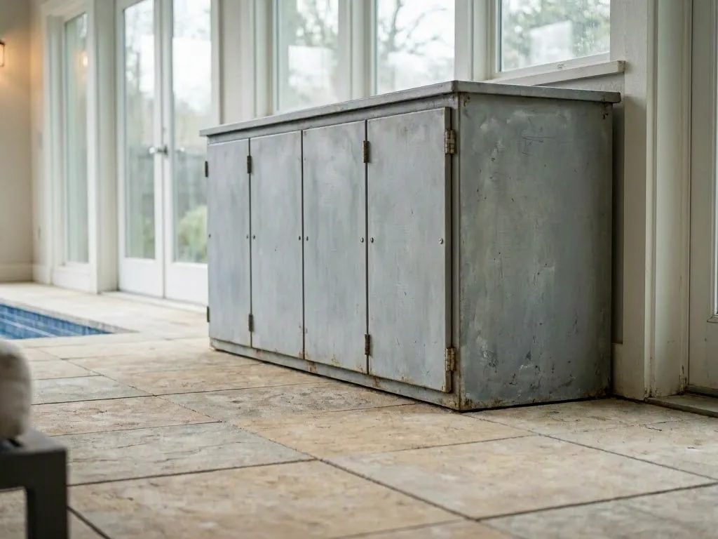 A weathered metal storage cabinet sits beside tall windows on a tiled indoor patio near a pool