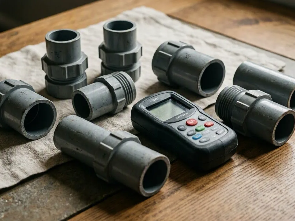 Several gray metal pipe fittings surround a small card reader on a cloth-covered wooden table