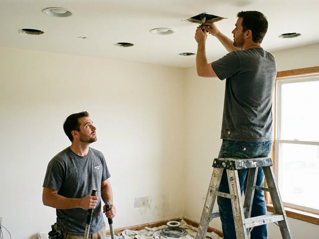 Recessed ceiling lights installed across a clean interior ceiling in a