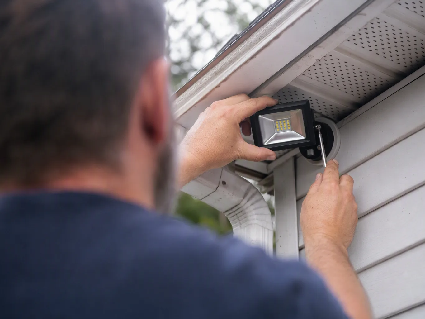 A man installs a small LED floodlight under a house eave using a screwdriver