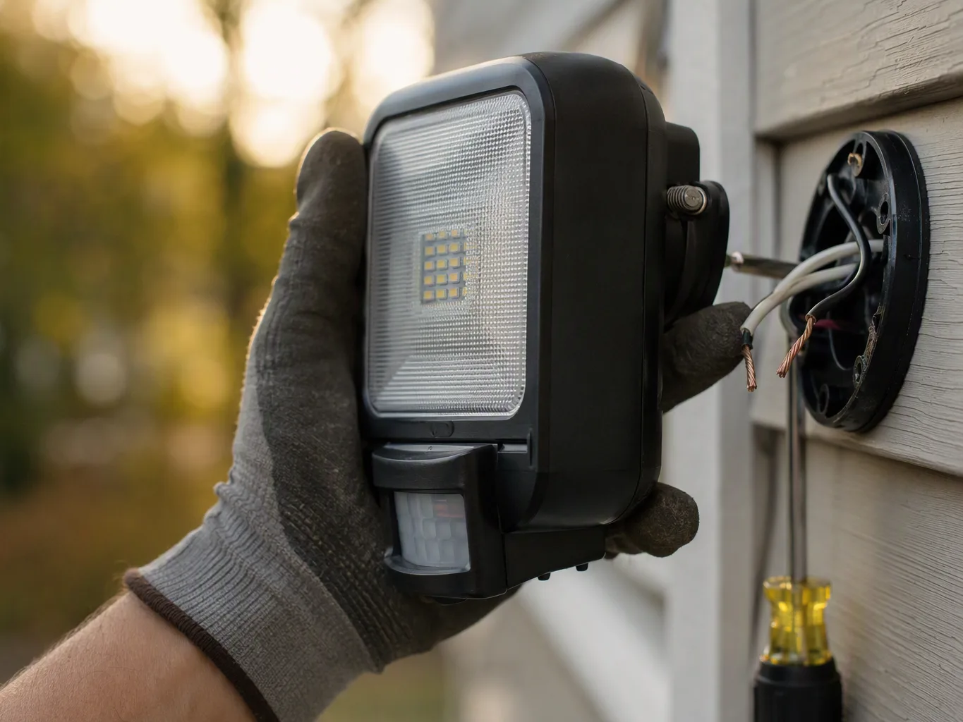 A gloved hand installs a black outdoor security light beside exposed wall wires on a house exterior