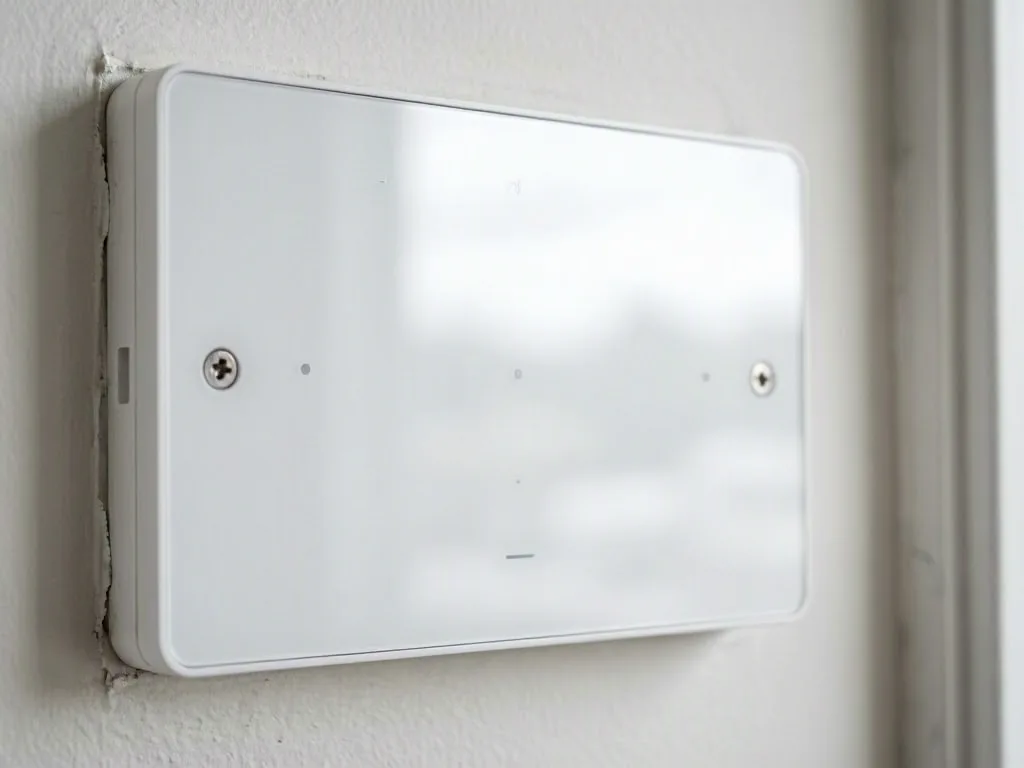 A blank white wall plate with two screws is mounted on a painted wall near a window frame