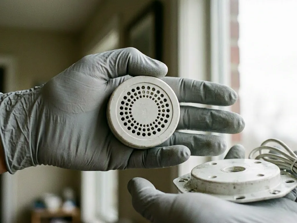 Gloved hands hold small white circular perforated parts near a bright window indoors