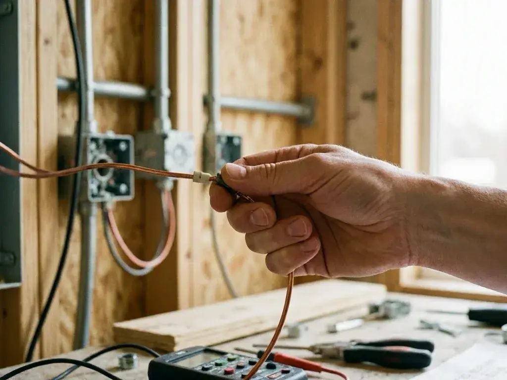 A man points at an electrical panel while a woman takes notes beside him in a utility room