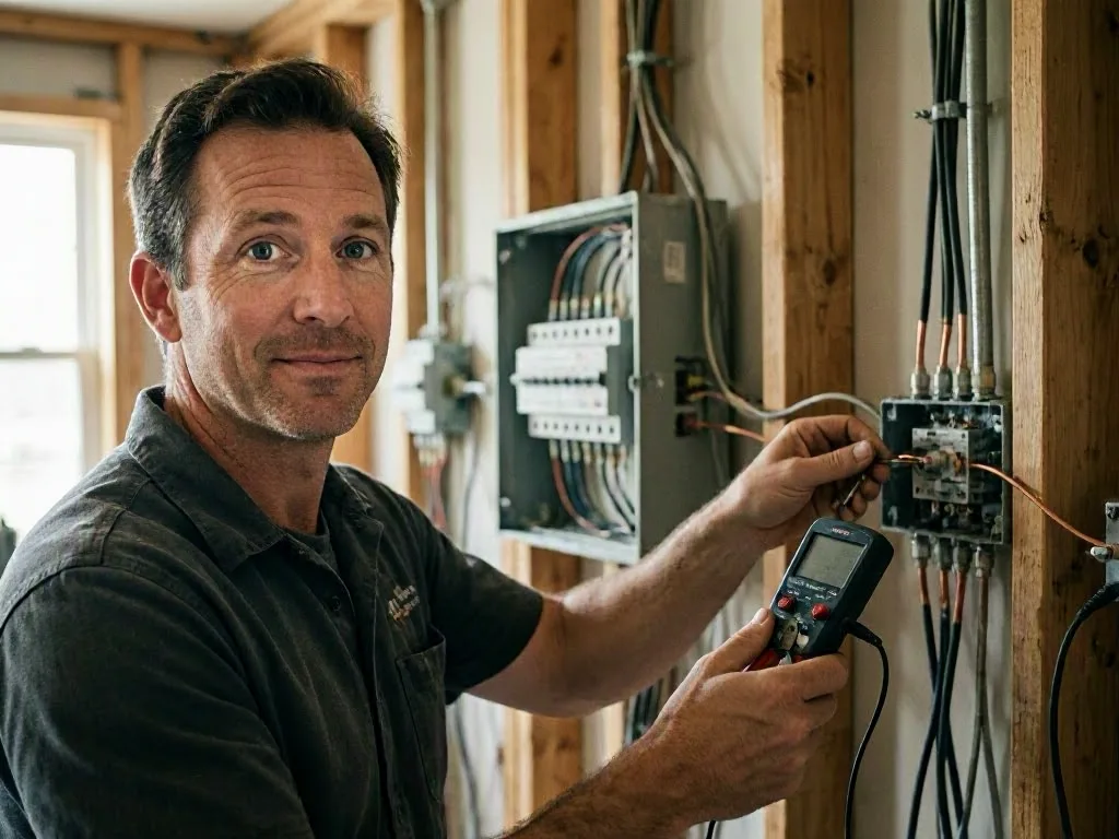Electrician tracing wires beneath a commercial service panel