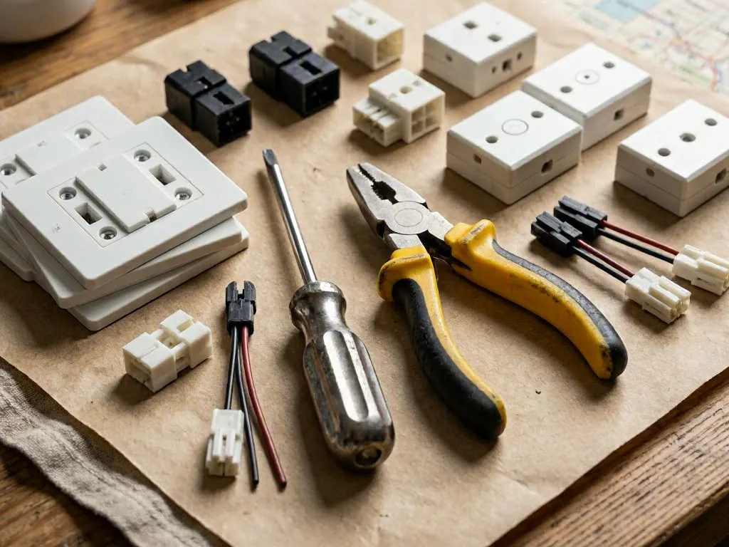 Wire connectors, a screwdriver, and pliers arranged on cardboard for electrical