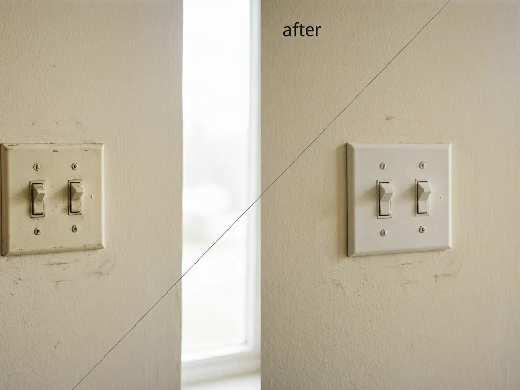 Wall switch plate shown before and after replacement beside a bright window