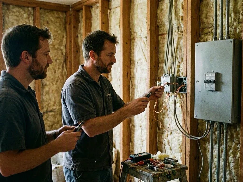 Two electricians install wiring inside a partially finished wall beside an electrical panel