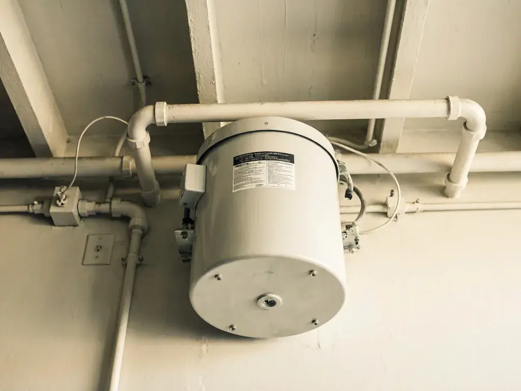 White cylindrical water heater hanging from the ceiling among exposed utility