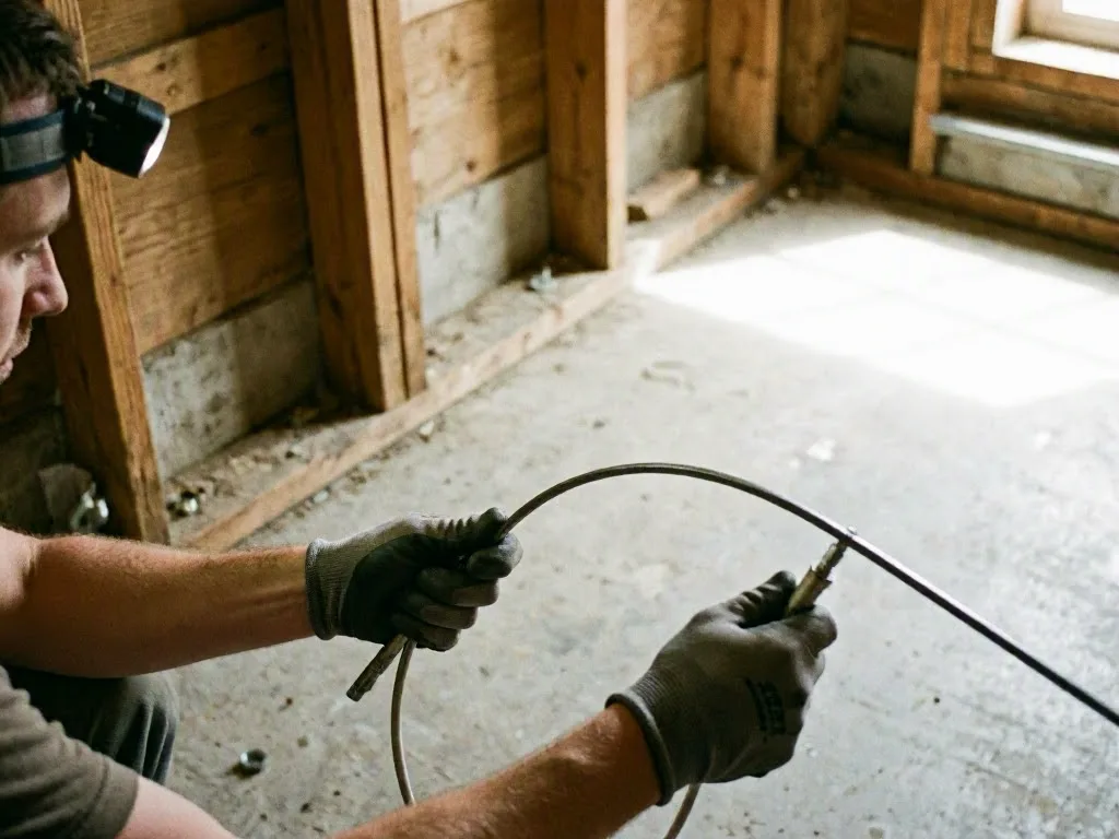 A worker wearing gloves and a headlamp holds a cable inside a stripped wooden room