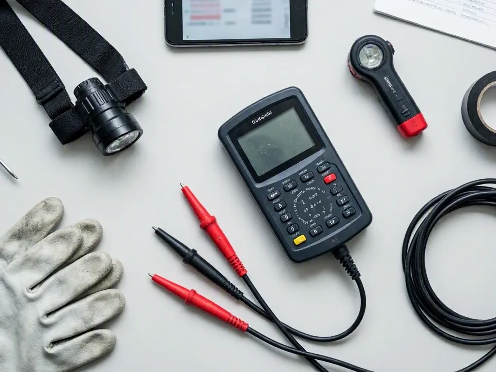 Digital multimeter, headlamp, gloves, flashlights, tape, and coiled cable