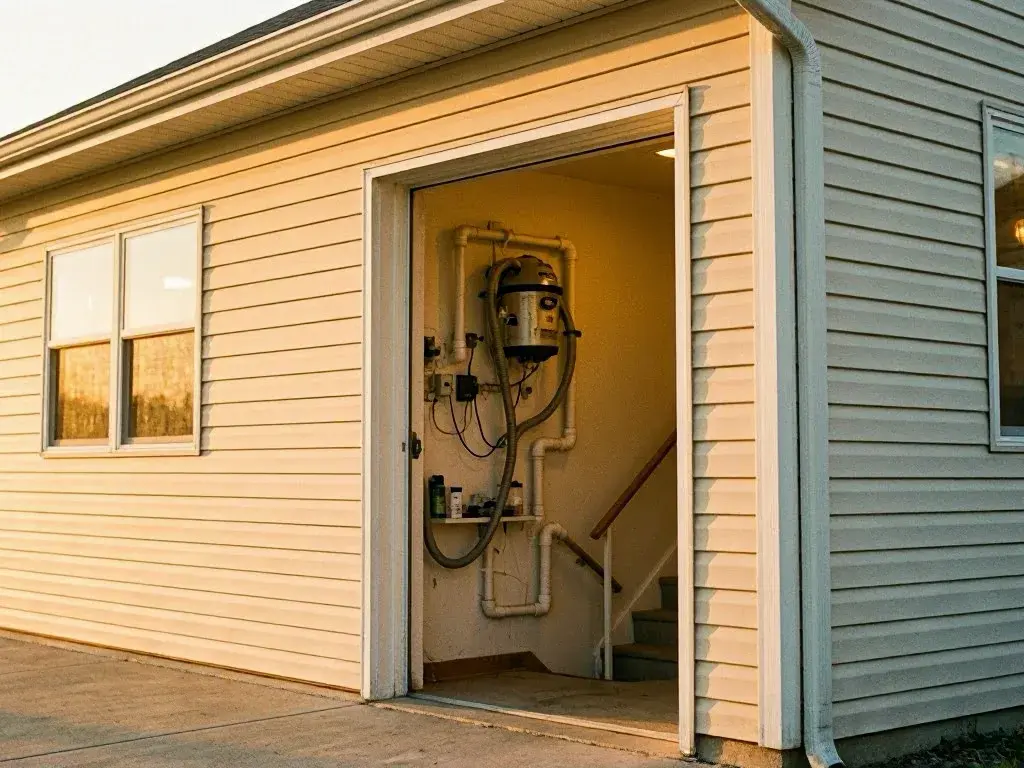 Open doorway showing a beige home utility room with pipes, tank, and interior