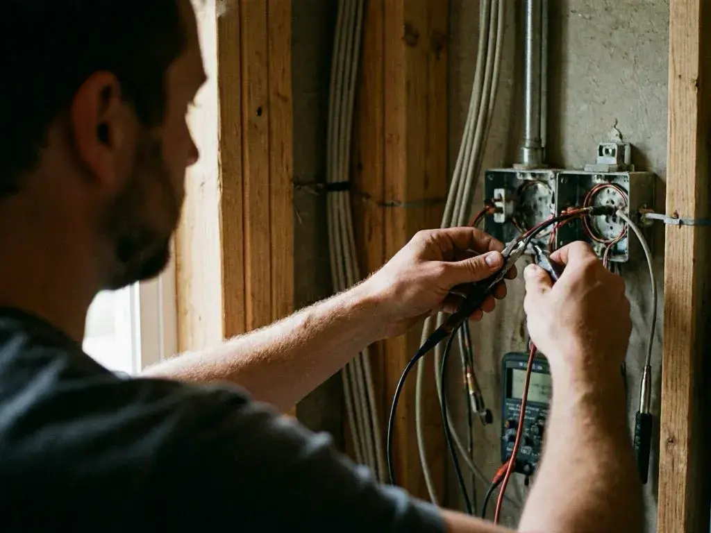 Man testing wall wiring with a multimeter inside an unfinished wooden room