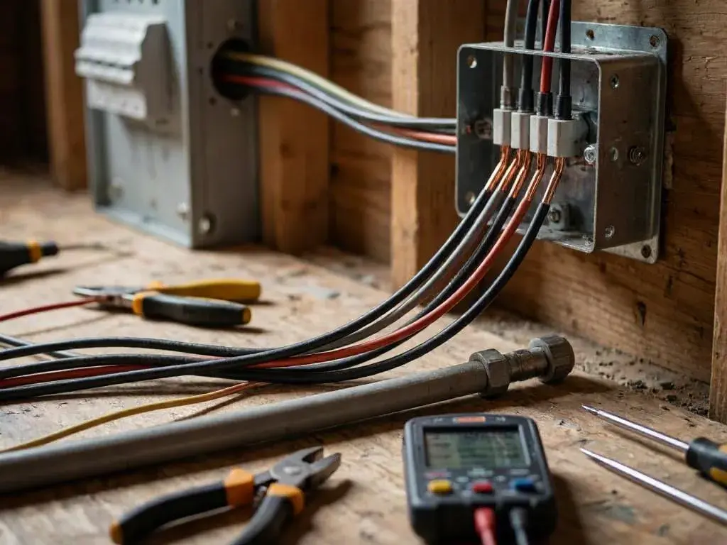 Electrical wires arranged through wall boxes beside hand tools and a multimeter