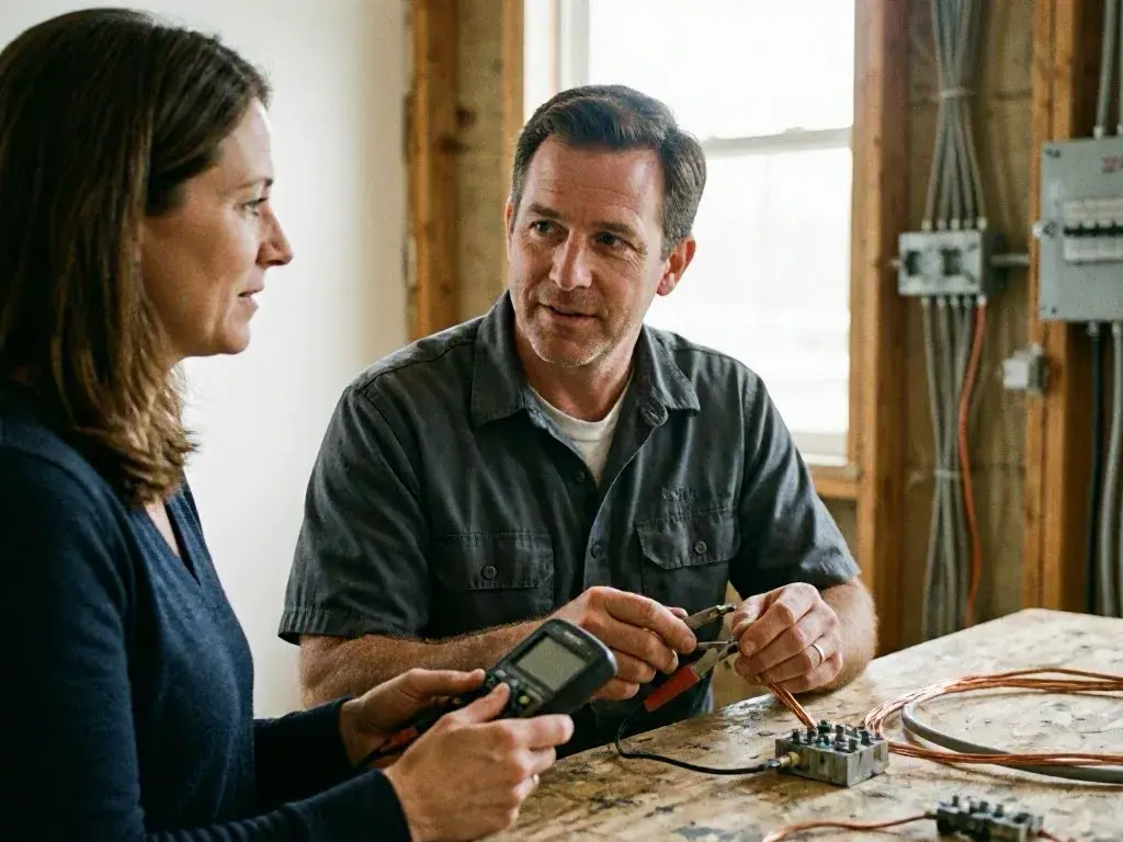 Two adults inspecting electrical wires and a meter at a workbench in a partly