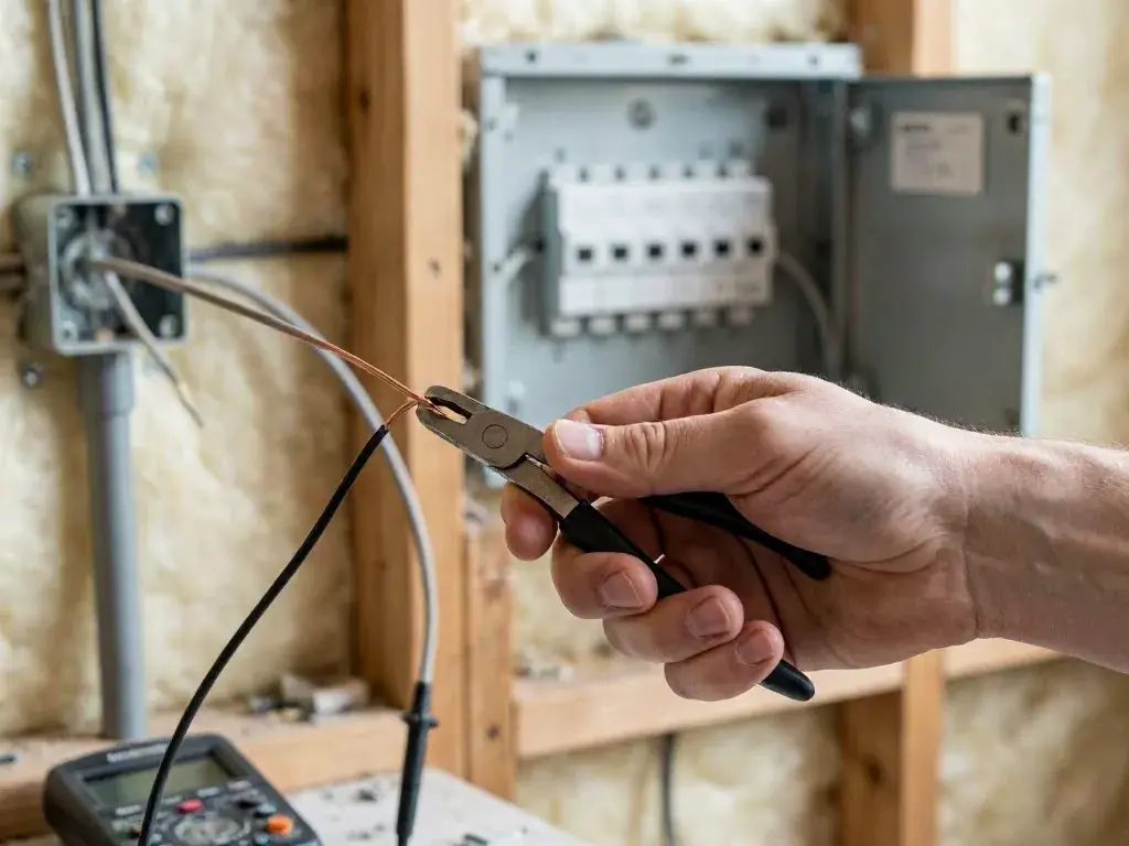 Technician tracing wires beside a residential panel