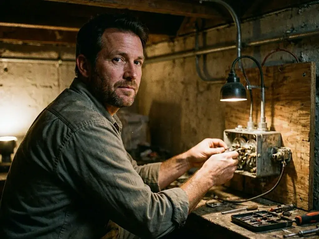 A man works on wiring inside a dim wooden workshop beside a lit lamp