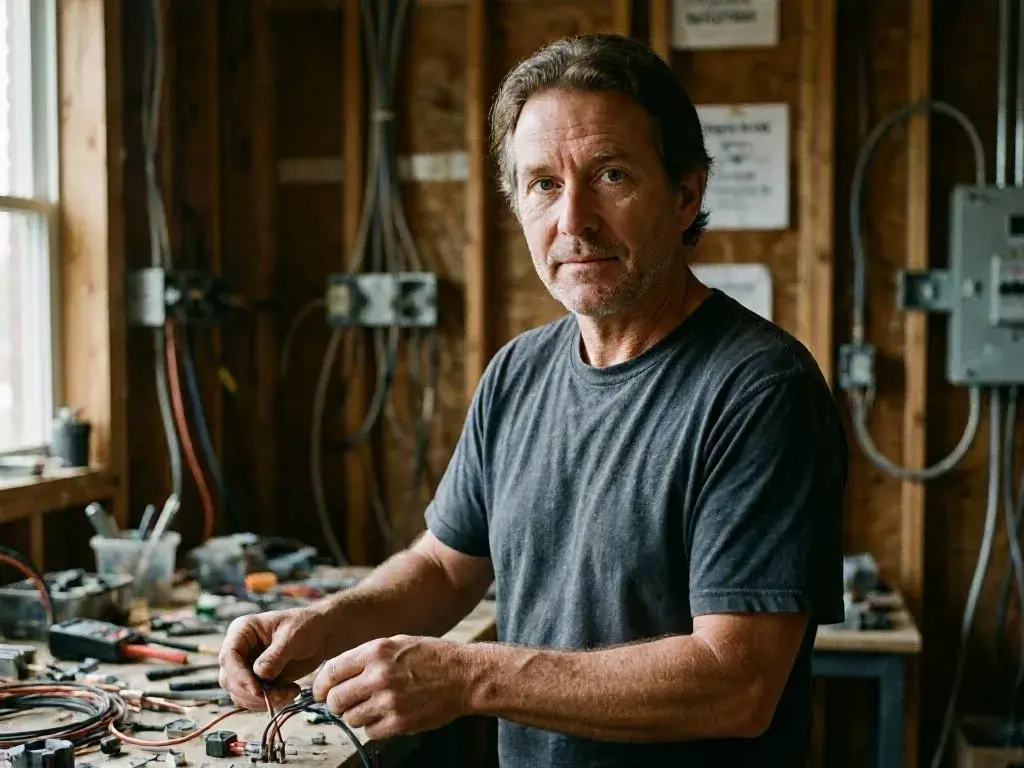 Electrician holds wires over a cluttered workshop bench surrounded by tools and