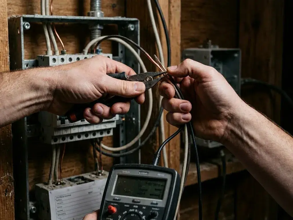 Hands cut a wire inside an electrical panel while a digital meter hangs below
