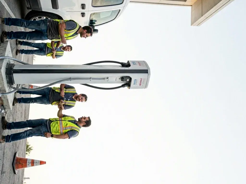 Three workers in safety vests stand beside a white fuel pump and parked truck