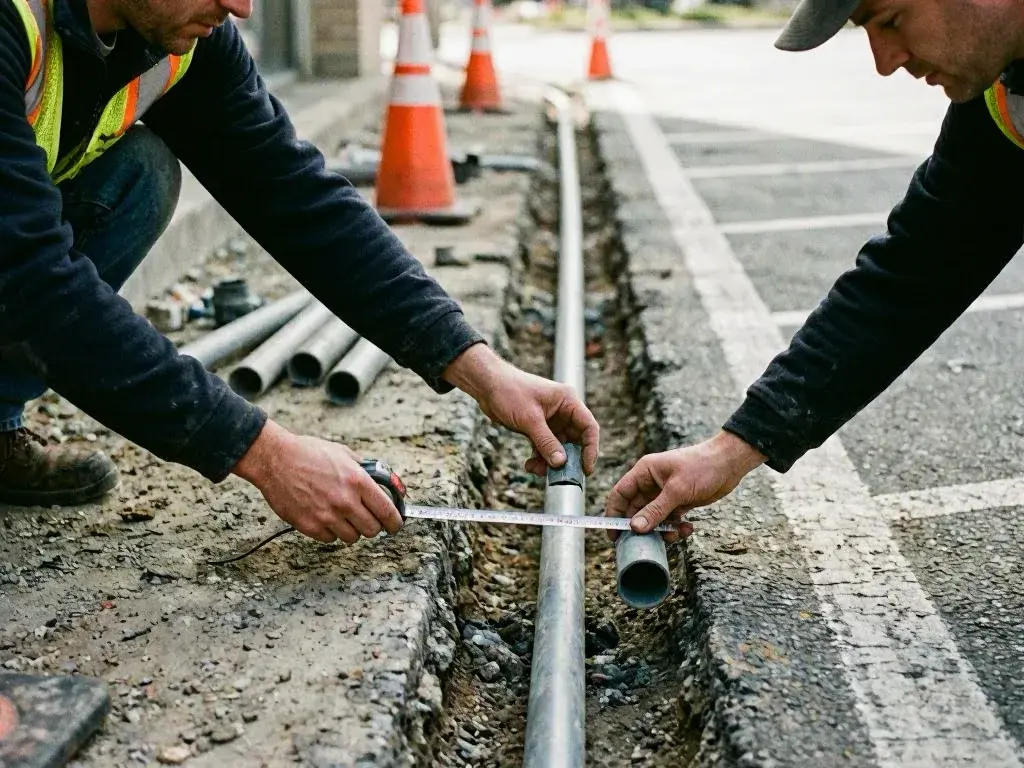 Two workers in safety vests measure metal pipes inside a roadside trench beside