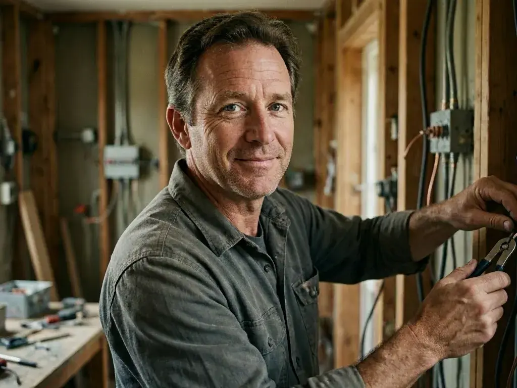 Electrician using pliers on exposed wiring inside a wood-framed room
