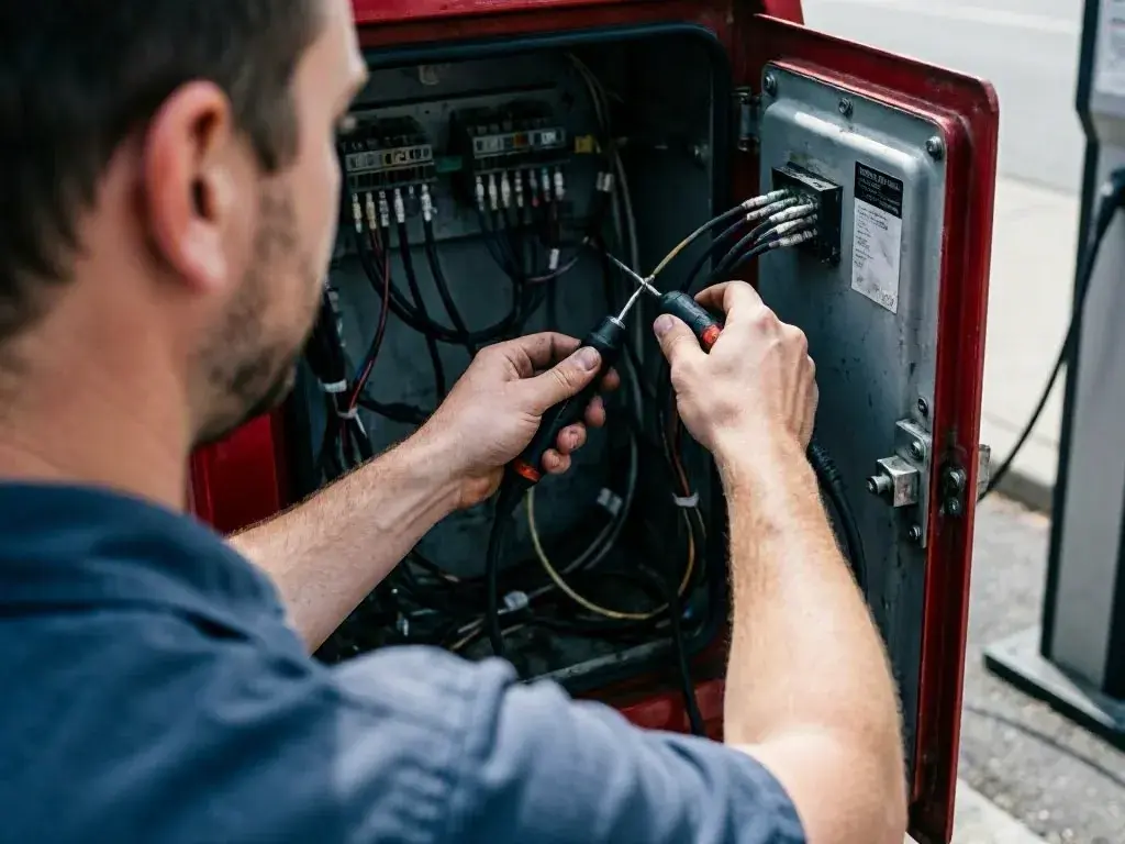 Worker repairs wiring inside an open red electrical control box