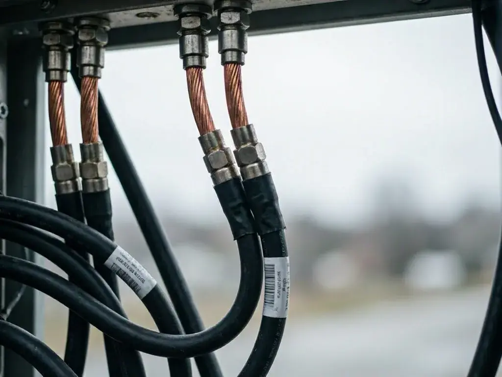 Close-up of thick black cables with copper connectors hanging from an outdoor