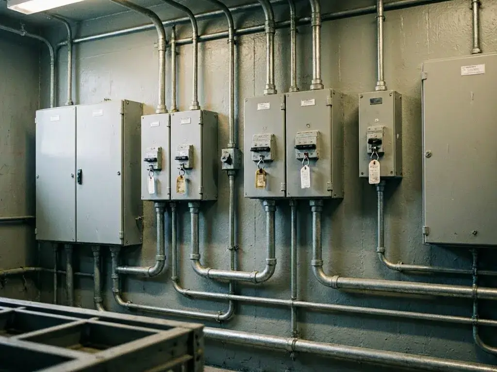 Electrical panels and metal conduit line a gray utility room wall