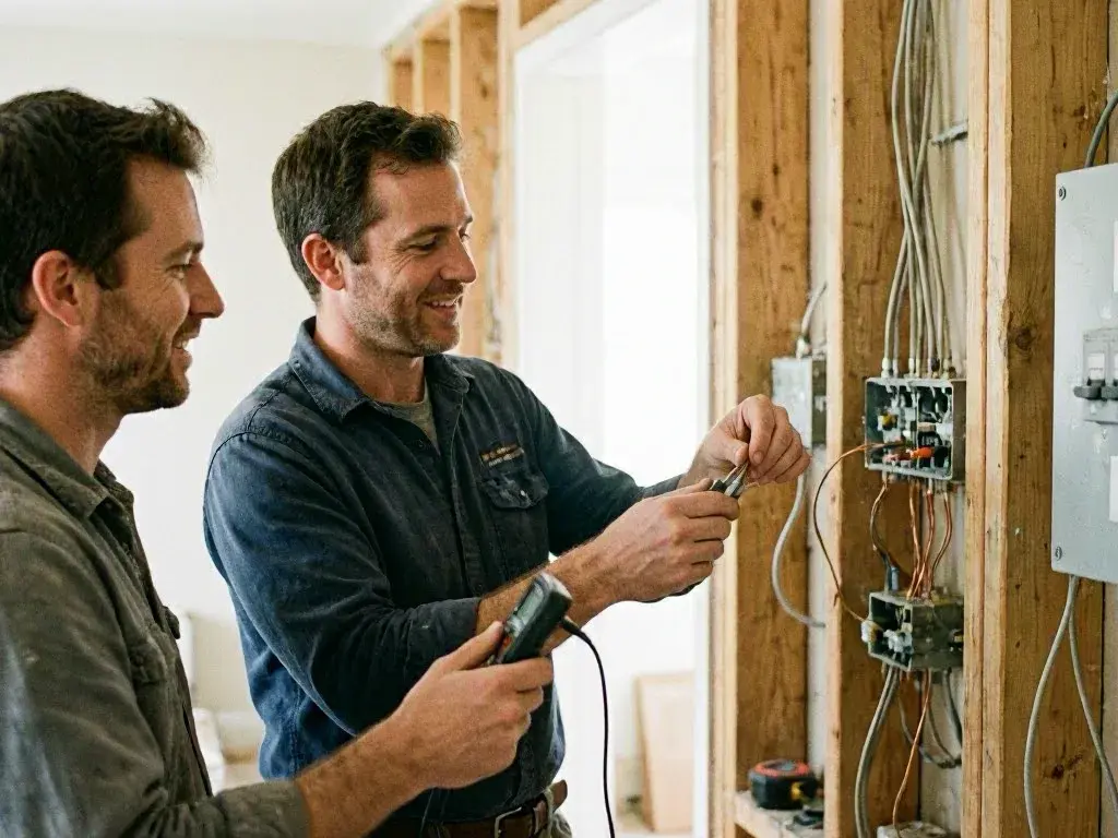 Two electricians wiring an exposed electrical panel inside a house under