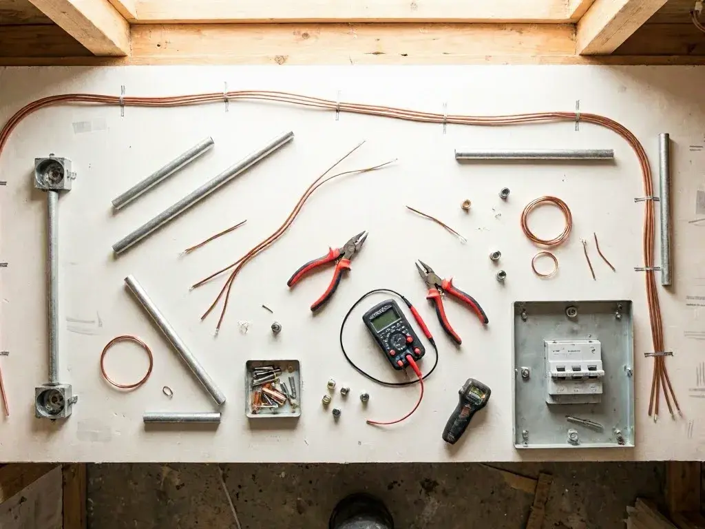 Electrical tools, copper wire, conduit pieces, and breaker box arranged on a