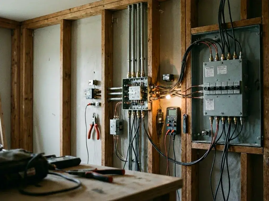 Open electrical panels, exposed wiring, and tools in an unfinished workshop wall