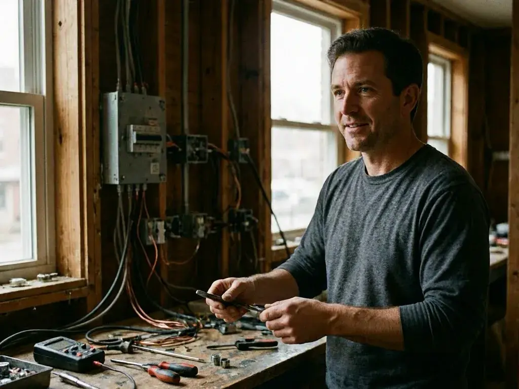 Electrician holding a tool beside wiring, electrical panels, and hand tools in