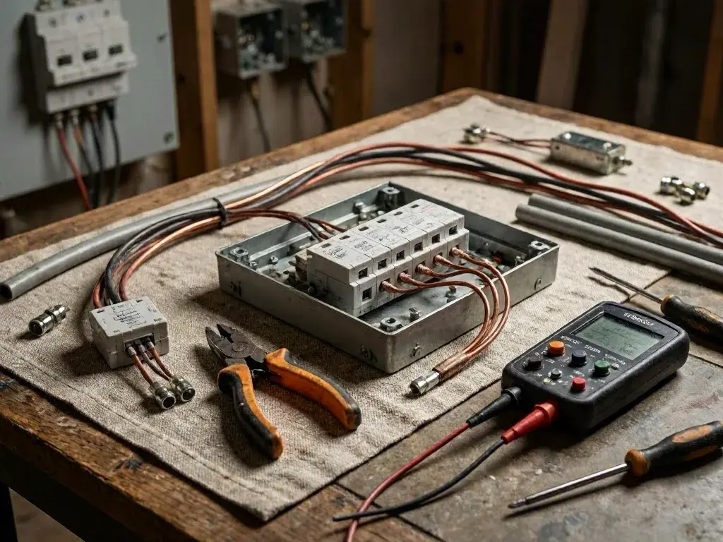 Hands use pliers to strip a wire beside a handheld meter in a workshop