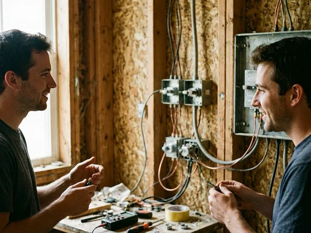 A person tests exposed electrical wiring with pliers and a handheld meter beside an open wall panel