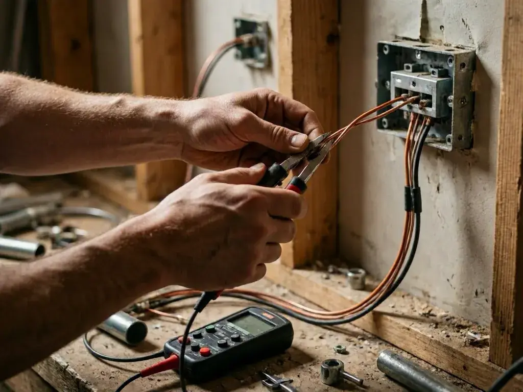 Hands wire an electrical box beside a multimeter and tools in an unfinished wall