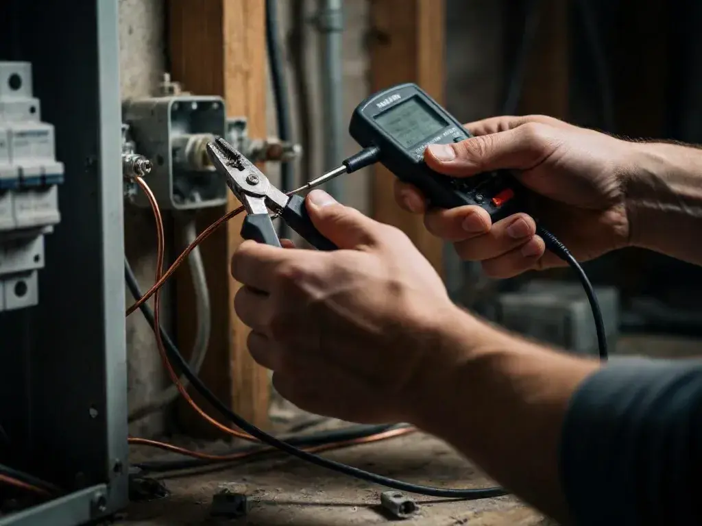 Hands testing electrical wiring with pliers and a handheld meter in a workshop