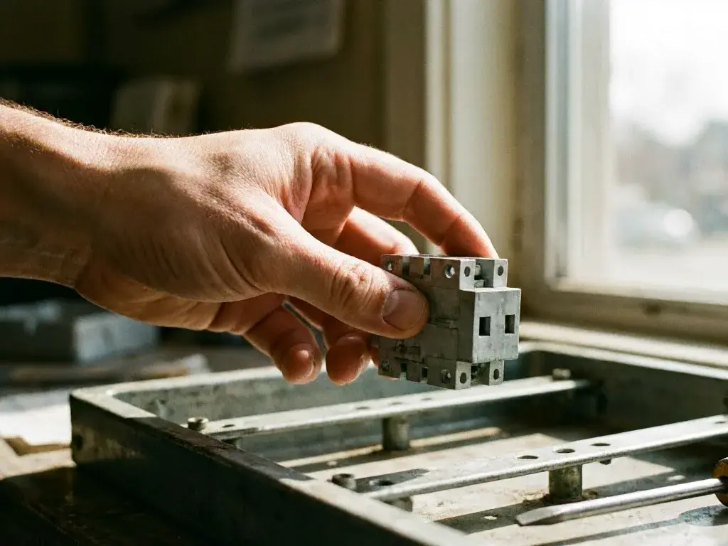 Hand holding a small metal block above a machine frame beside a bright window