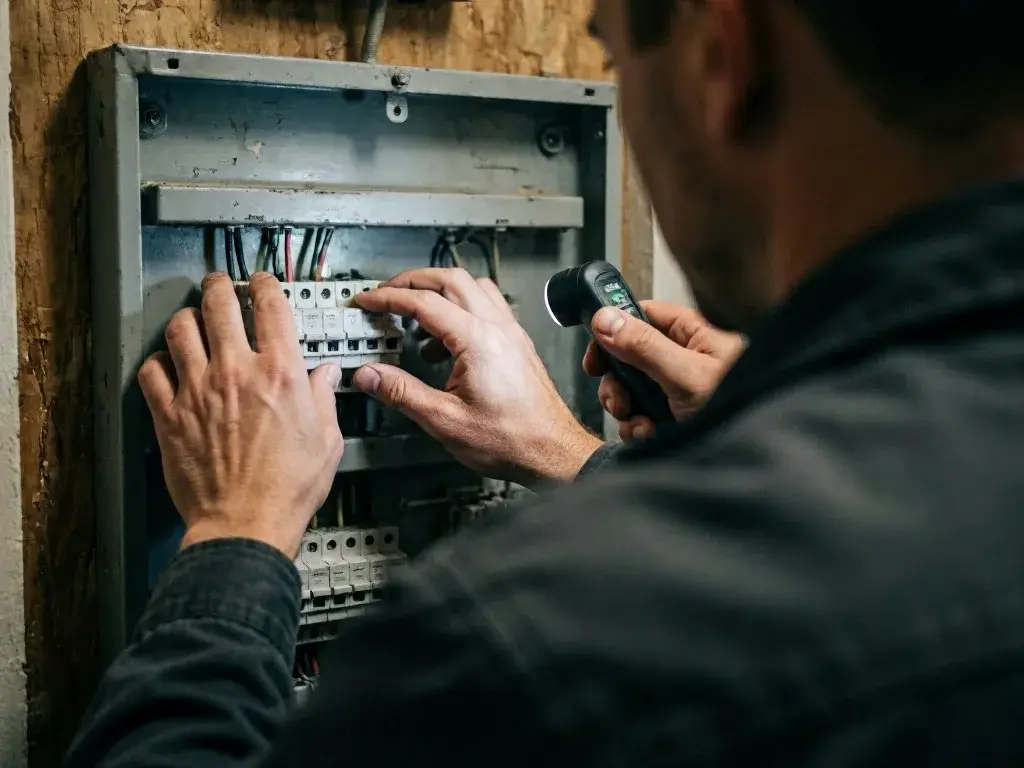 Electrician inspecting an open breaker panel with a flashlight in a dim wall