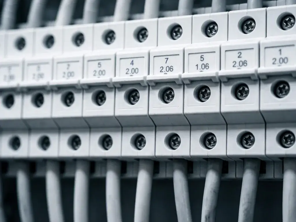 Close-up of numbered electrical terminal blocks, screws, and gray wires inside