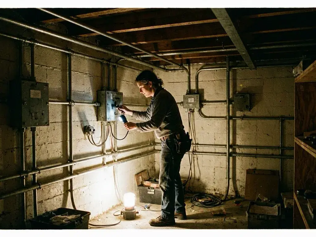 Person testing an electrical panel in a dim basement with exposed pipes and a