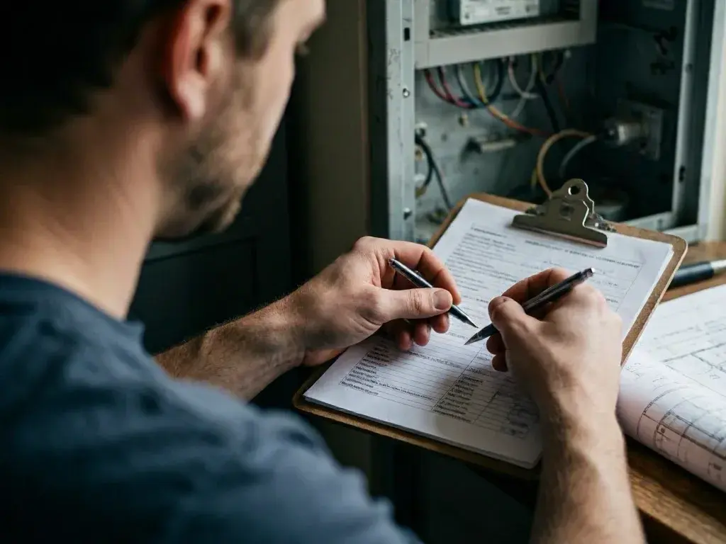 Technician records electrical panel details beside exposed wiring