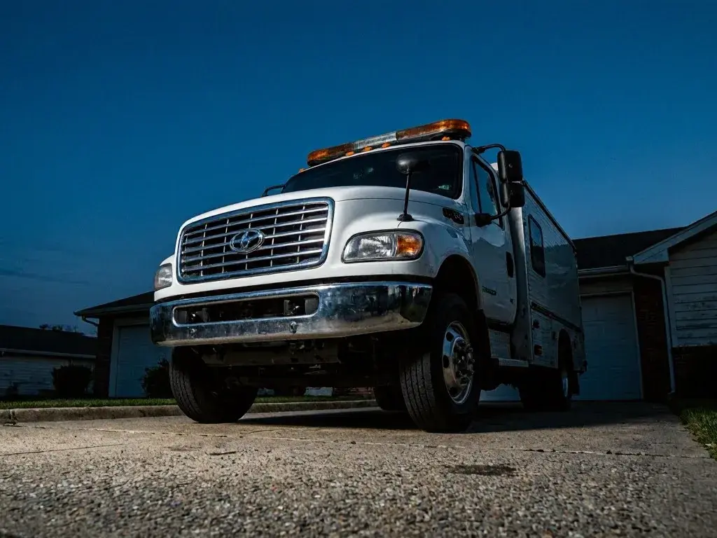 White utility truck parked in a suburban driveway beside garages under a clear