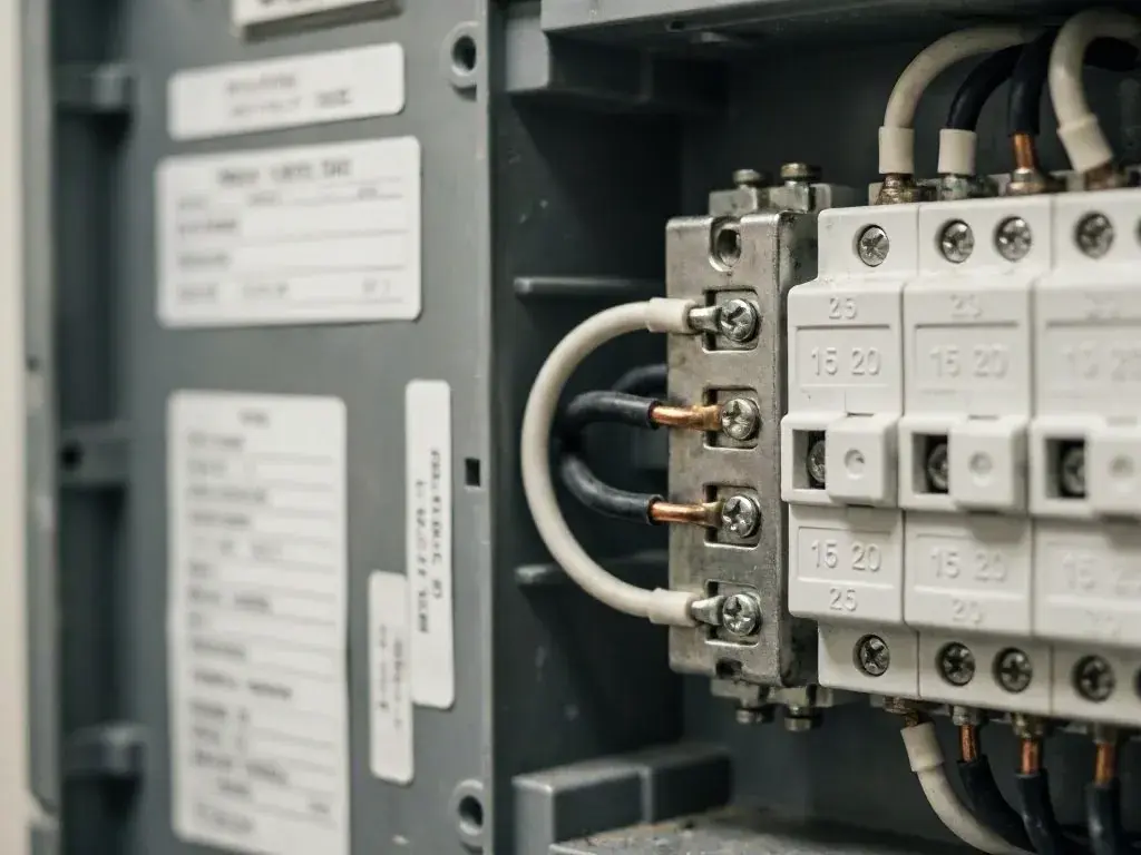Close-up of a gray breaker panel with labeled circuits and connected wires
