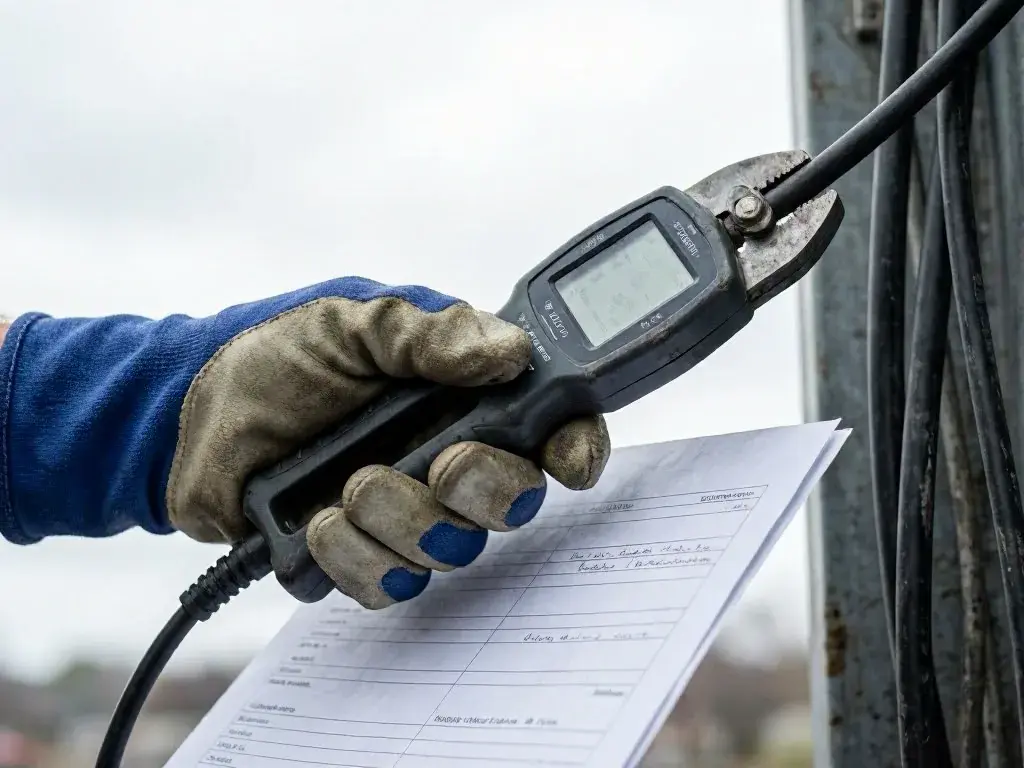 Gloved technician prepares bundled electrical cables with a cutter and