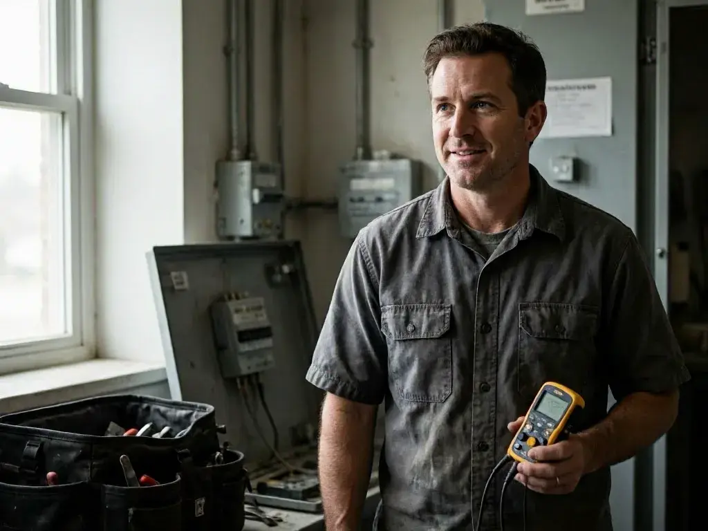 Electrician tests electrical equipment with a yellow multimeter beside utility