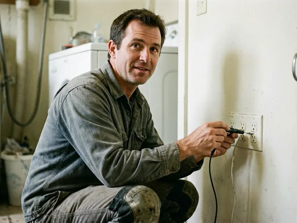 Technician tests a wall outlet with a probe in a utility room