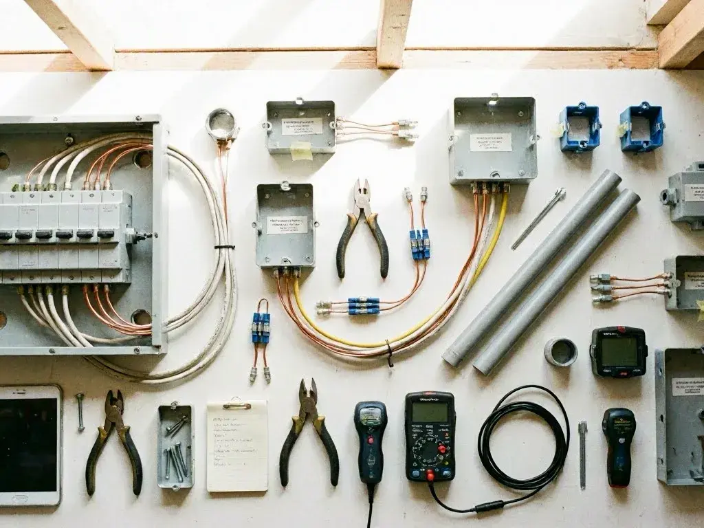 Electrical workbench with circuit boxes, wires, pliers, meters, and metal