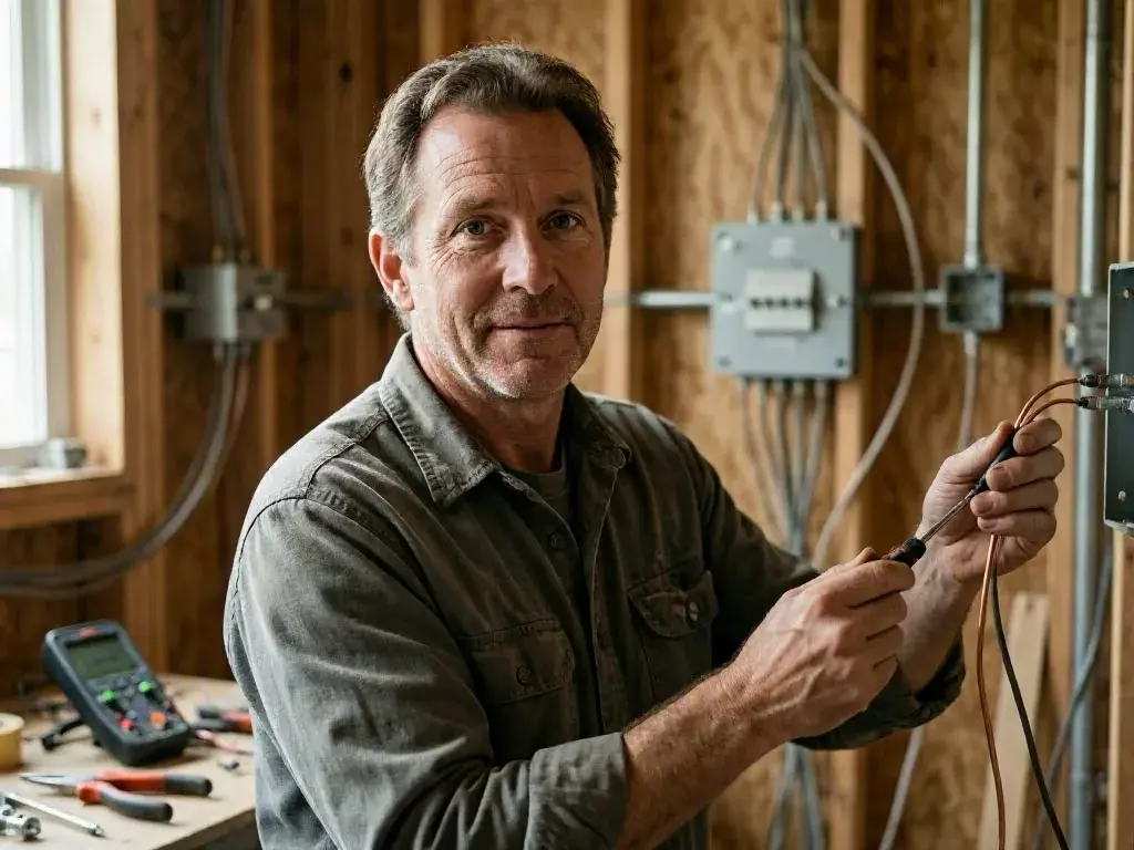 Worker connecting electrical wires beside exposed panels and tools in a wooden